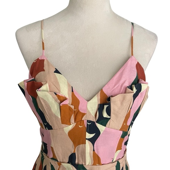 Farm Rio Multicolor Abstract Midi Dress Spaghetti Straps Fit & Flare Boho Size L - Picture 5 of 9